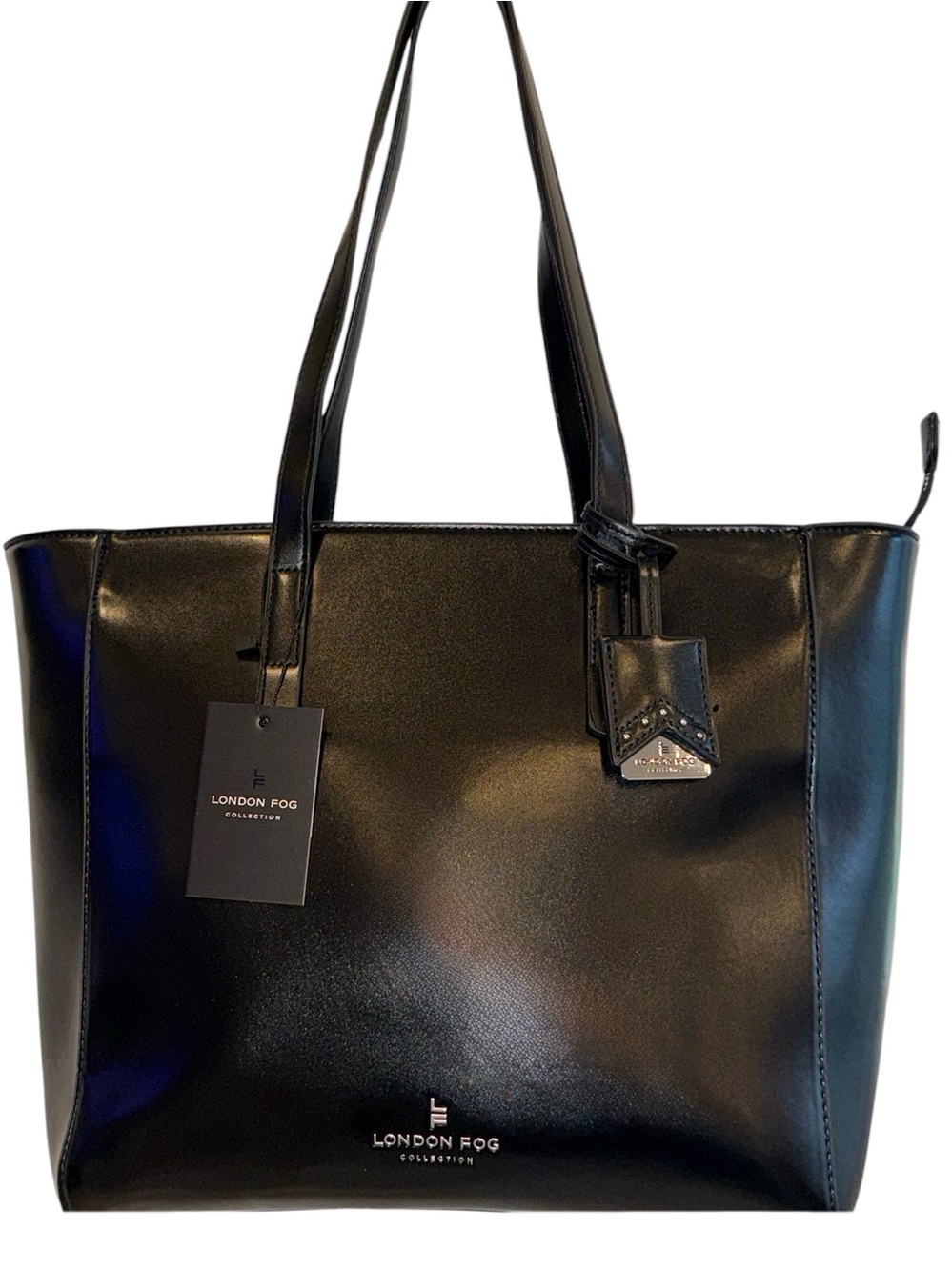 London Fog Black Vegan Leather Tote with Logo Accent